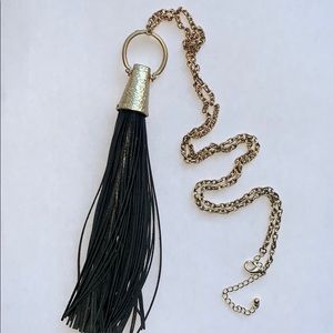 3/$30 Long Gold Necklace w/ Black Leather Tassel